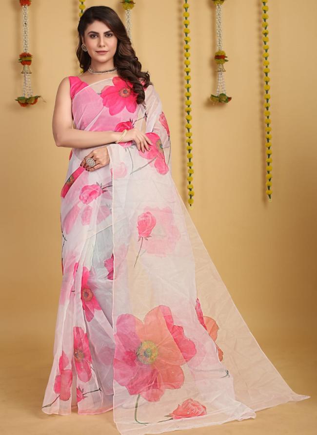 Pure Organza White Party Wear Printed Saree